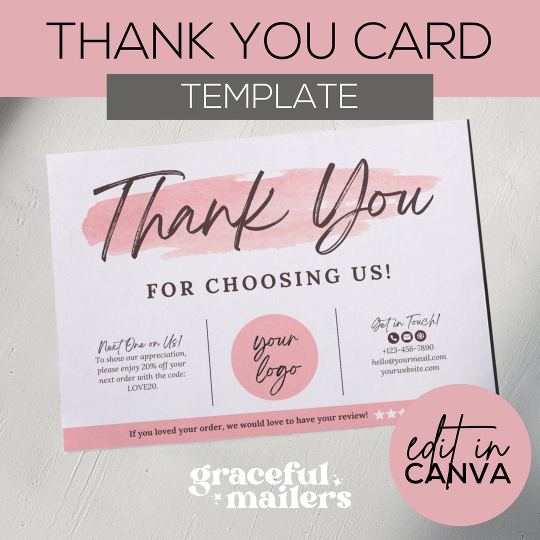 Editable in CANVA Business Thank You Insert Card Template Modern Pink ...
