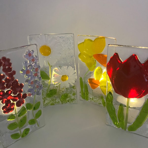 Handmade, floral, fused glass tea lights. Daisy, tulip, stocks and daffodil tealight holders, candle holders. Spring flower tealights.