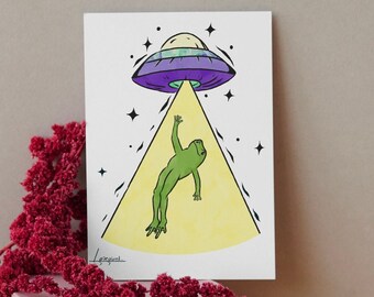 Alien Abduction Frog Print | Funky Room Decor | Watercolor Art Prints | Spooky Frogs