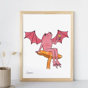 May include: A pink frog with wings sits on a mushroom and holds a yellow cocktail glass. The frog has a mischievous expression on its face. The artwork is signed "Leguana".