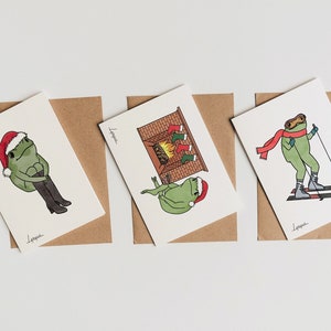 Happy Holidays Funky Frogs Card Set | Watercolor Art | Christmas Frogs