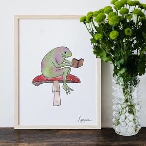 Lectura de ranas en una impresión de hongos / Arte digital en acuarela / Decoración de pared funky