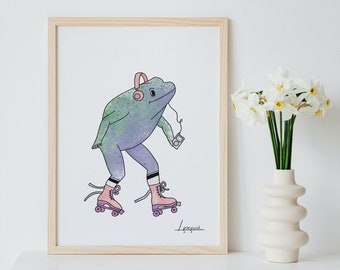 Rollerskating Frog Print | Watercolor Digital Art | Funky Wall Decoration