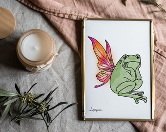 Fairy Wings Frog | Lesbian Flag | Watercolor Art | Funky Room Decor | Pride Frogs