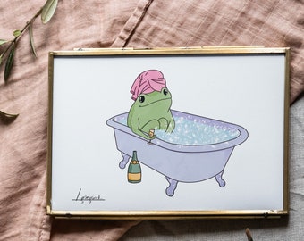 Bubble Bath Frog Imprimer | Aquarelle Art | Funky Room Decor
