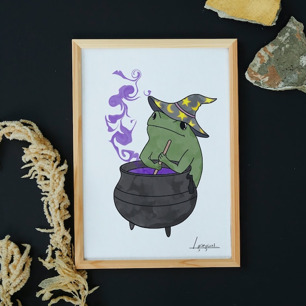 Witch Brewing Potion Frog Print | Watercolor Art | Funky Room Decor | Spooky Frogs