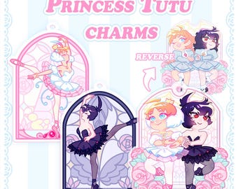 May include: Princess Tutu charms featuring ballet dancers in various poses and outfits. The charms include a ballerina in a white tutu, a ballerina in a black tutu, and two ballerinas in light blue dresses. The text "Princess Tutu Charms" is displayed at the top.