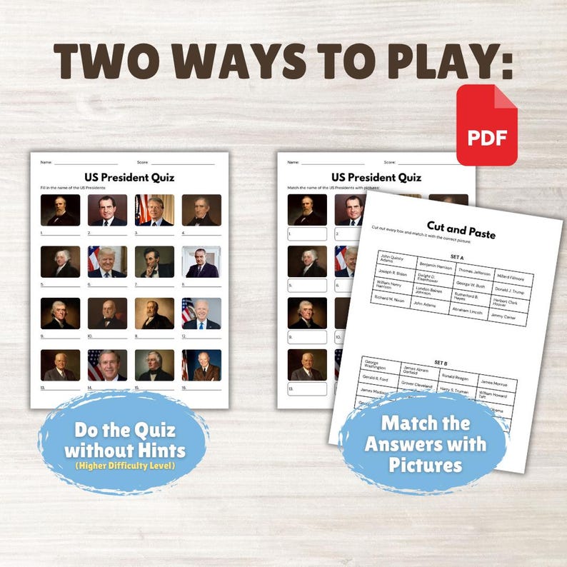 US President Picture Quiz With Answers (2 Set) | Trivia Quiz Game - Etsy