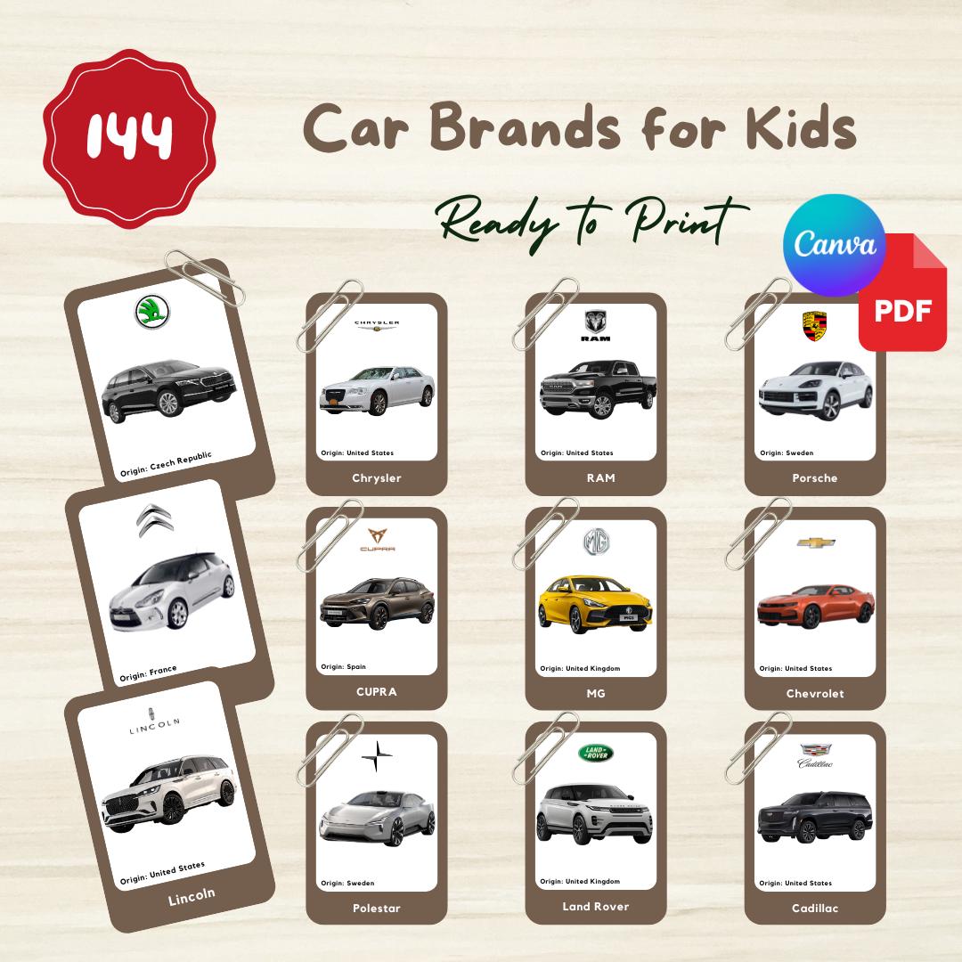 144 Car Brands Flashcards: Montessori 3-part Cards With Origin ...