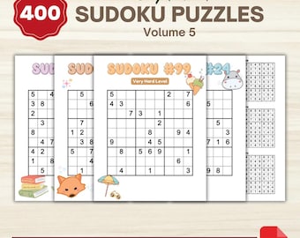 Peut inclure: Plusieurs cahiers de puzzles Sudoku. La couverture indique "400 SUDOKU PUZZLES Volume 5". Les puzzles sont classés "Facile", "Moyen", "Difficile" et "Très difficile". L'image comprend le texte "Ready to Print" et "PDF".