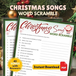 May include: Christmas-themed word scramble game with the text "Christmas Songs Word Scramble." The game features a festive design with a Santa illustration and the words "Instant Download PDF."