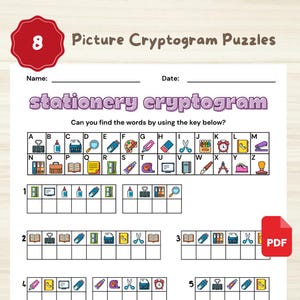 Könnte beinhalten: Ein ausdruckbares Schreibwaren-Kryptogramm-Puzzleblatt mit einem roten Kreis mit der Nummer 8. Das Blatt enthält einen Schlüssel mit Symbolen zum Thema Schreibwaren und eine Reihe nummerierter Rätsel. Der Text "Picture Cryptogram Puzzles" steht oben.