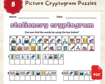 8 Criptogramas de Papelaria para Imprimir em PDF Quebra-cabeça de Palavras Montessori Aprendizagem Pré-escolar Educação Domiciliar para Crianças Idosos Download Instantâneo