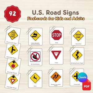 92 Flashcard sui SEGNALI STRADALI STATUNITENSI: Schede Montessori in 3 parti (PDF stampabile + modello Canva modificabile)