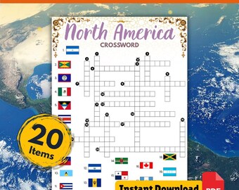 NORTH AMERICAN COUNTRY Picture Crossword Puzzle with Answer Keys | Printable Family Friends Party Quiz Game