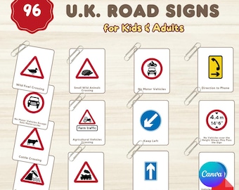 96 U.K. ROAD SIGNS Flashcards: Montessori 3-Part Cards (Printable PDF + Editable Canva Template)