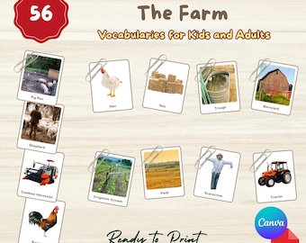 56 FARM Flashcards: Montessori 3-Part Cards (Printable PDF + Editable Canva Template)