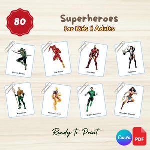 80 cartes-éclair SUPER-HÉROS | Cartes Montessori modifiables en 3 parties | Lien Canva + fichier PDF imprimable | Préscolaire, Enfants, Etudiants Super-héroïne