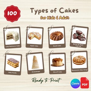 Op de afbeelding: Een afbeelding met verschillende soorten taarten, waaronder Lady Baltimore Cake, Appeltaart, Bundt Cake en Bûche de Noël. De afbeelding bevat ook Mille-Feuille, Kransekage, Biscoff Cake en Bienenstich. De tekst luidt "Types of Cakes for Kids & Adult" en "Ready to Print."