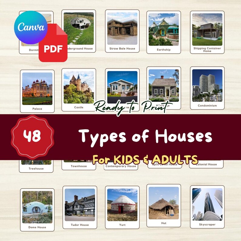 48 Types of HOUSES Flashcards: Montessori 3-part Cards (printable PDF ...