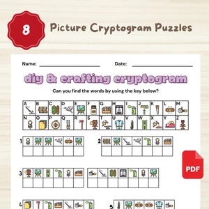 May include: A printable DIY & crafting cryptogram puzzle sheet with colorful illustrations and a key. The sheet includes the text "Picture Cryptogram Puzzles" and "diy & crafting cryptogram". A red PDF icon is in the corner.