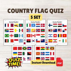 May include: A set of five printable "Country Flag Quiz" sheets, each featuring a grid of flags. The title "Country Flag Quiz" is at the top, with "5 SET" in a yellow box. The phrase "QUIZ TIME!" is in a comic book style bubble, and "Instant Download PDF" is also visible.