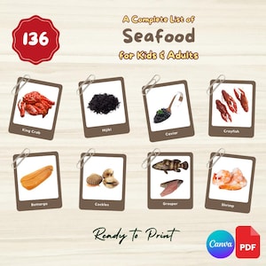 136 fiches-éclair FRUITS DE MER | Lien canevas modifiable et PDF | Images réelles | Amateurs de fruits de mer | Cartes en 3 parties Montessori | Enfants Adultes Préscolaire