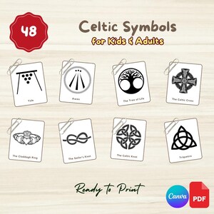 Puede incluir: Ocho tarjetas blancas con símbolos celtas negros, como el Árbol de la Vida y la Cruz Celta, sujetas con clips plateados. Cada tarjeta está etiquetada con el nombre del símbolo. También incluye el texto "Celtic Symbols for Kids & Adults" y "Ready to Print."