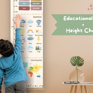 Grafico di crescita per bambini / Decorazione per la scuola materna / Settimane, mesi, meteo, continenti / Grafico di altezza per bambini, misuratore di crescita / Arte murale