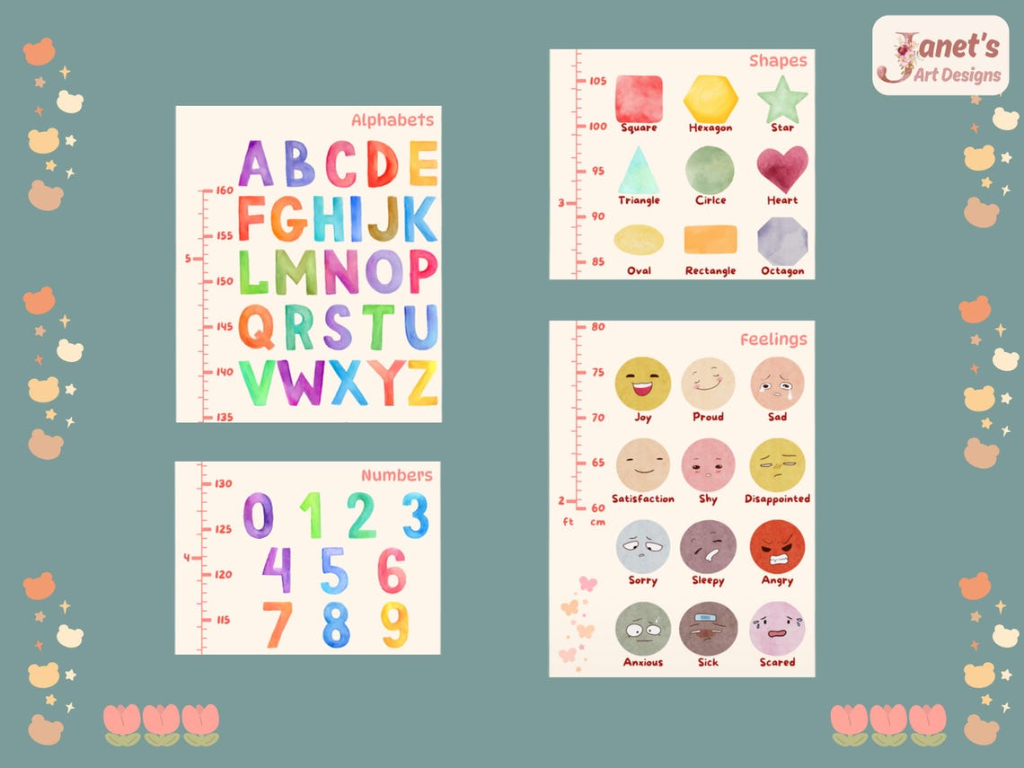 Kids Growth Chart | Homeschool Educational Wall Art | Alphabets Numbers ...