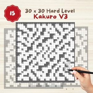 May include: A Kakuro puzzle with a grid of white and gray squares, with numbers and a hand holding a pen. The text "30 x 30 Hard Level Kakuro V3" is displayed above the puzzle, and a red circle with the number "15" is in the upper left corner.