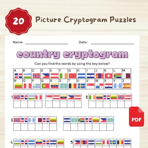 Country Cryptogram | 20 Picture Cryptogram Puzzles | Printable Word Puzzle Montessori Learning Preschool Homeschool for Kids Seniors Games