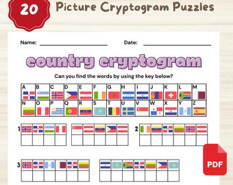 Criptograma de país | 20 quebra-cabeças de criptogramas com imagens | Quebra-cabeças de palavras para impressão Montessori Learning Preschool Homeschool para crianças e idosos