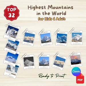 以下が含まれることがあります： 世界で最も高い32の山を特集した、印刷可能なフラッシュカードのセット。各カードには、山の画像、名前、ランキングが記載されています。カードは子供と大人のために設計されています。