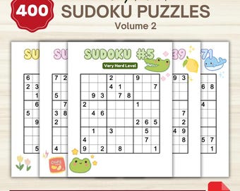 Puede incluir: Una colección de libros de rompecabezas Sudoku con el texto "400 SUDOKU PUZZLES Volume 2" y "Ready to Print" en la portada. Los rompecabezas están etiquetados como "Easy + Medium + Hard + Very Hard Puzzles". Incluye un icono PDF.