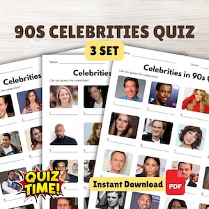 Puede incluir: Un conjunto de tres hojas de cuestionario imprimibles de Celebridades de los 90. Cada hoja presenta fotos de celebridades con espacios numerados para las respuestas. El texto incluye "90s Celebrities Quiz", "Quiz Time!" y "Instant Download PDF".