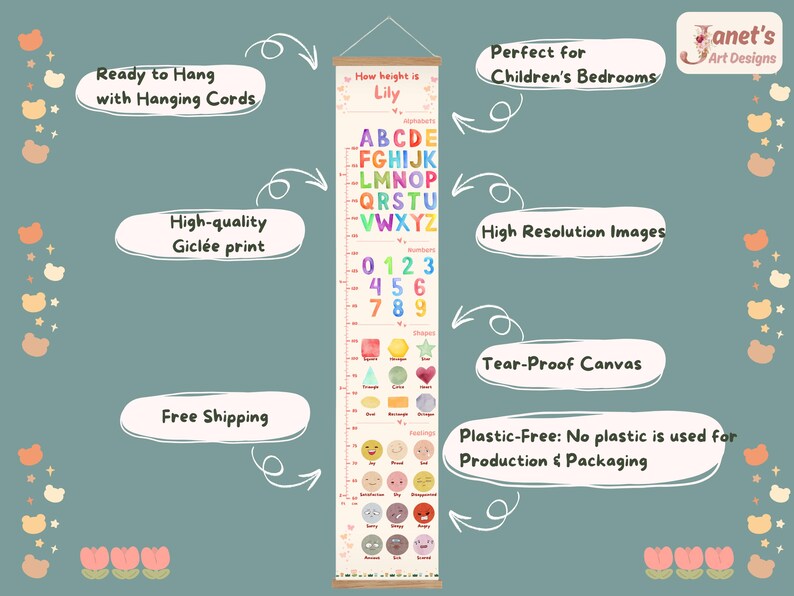 Kids Growth Chart | Homeschool Educational Wall Art | Alphabets Numbers ...