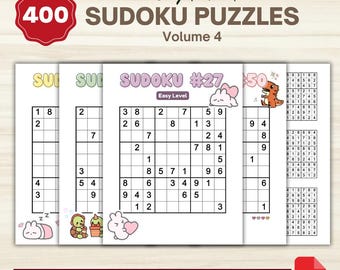Puede incluir: Una colección de 400 rompecabezas Sudoku, Volumen 4, con diferentes niveles de dificultad. La portada presenta el texto "Ready to Print" y "Easy + Medium + Hard + Very Hard Puzzles". Cada rompecabezas se muestra con números en una cuadrícula.