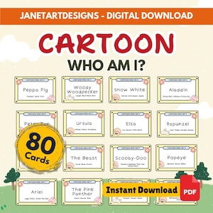 May include: A digital download featuring a "Cartoon Who Am I?" game with 80 cards. The cards showcase various cartoon characters like Peppa Pig, Snow White, and Scooby-Doo. The design includes the text "Instant Download" and a PDF icon.