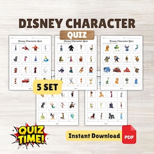 May include: Five Disney Character Quiz sheets are displayed, each with a different set of characters. The image includes the text "DISNEY CHARACTER QUIZ", "QUIZ TIME!", and "Instant Download PDF".