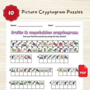 Peut inclure: Une feuille de puzzle cryptogramme illustré imprimable intitulée "fruits & légumes cryptogramme". Le puzzle présente une clé avec des lettres et des images de fruits et légumes, avec des espaces pour remplir les mots.