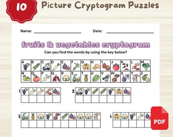 10 Criptogramas de Frutas e Vegetais | Quebra-cabeça de Palavras em PDF para Imprimir, Aprendizagem Montessori, Pré-escola, Ensino Domiciliar para Crianças e Idosos, Download Instantâneo