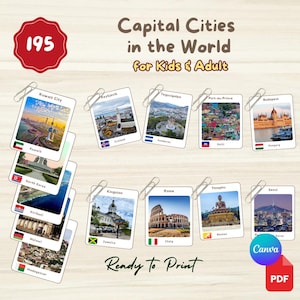 195 CAPITAIS no Mundo com seus próprios CONTINENTES | Cartões Montessori em 3 Partes | Link do Canva Editável e Imprimível