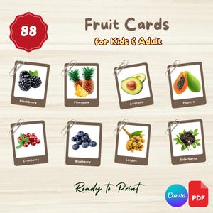 88 FRUITS Flashcards | Vocabularies for Kids | Editable Montessori 3-Part Cards | Canva Link + Printable PDF File | Preschool, Kids, Student