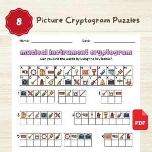 May include: A printable picture cryptogram puzzle sheet with musical instruments. The sheet includes a key with musical instruments and letter associations, and numbered puzzles to solve. The sheet has the text "Picture Cryptogram Puzzles" and "musical instrument cryptogram".