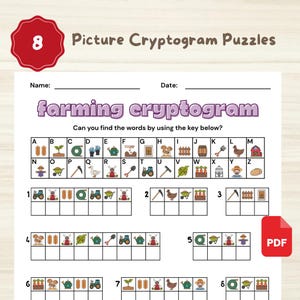 Puede incluir: Una hoja de papel blanca con un rompecabezas de criptograma de granja. El rompecabezas incluye una clave con letras e imágenes relacionadas con la granja. El título "Picture Cryptogram Puzzles" está en la parte superior.