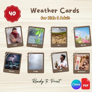 40 cartes mémoire MÉTÉO | Vocabulaires pour enfants | Cartes Montessori modifiables en 3 parties | Lien Canva + fichier PDF imprimable | Préscolaire, Étudiants