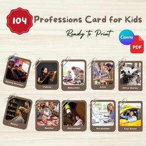 104 PROFESSIONS Flashcards | Jobs & Occupations | Editable Montessori 3-Part Cards | Editable Canva Link + Printable PDF File | For Kids