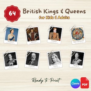 May include: A collection of flashcards featuring portraits of British Kings and Queens, including Elizabeth II, Edward VI, and Victoria. The cards are held together with paper clips and the text "British Kings & Queens for Kids & Adults" is displayed.