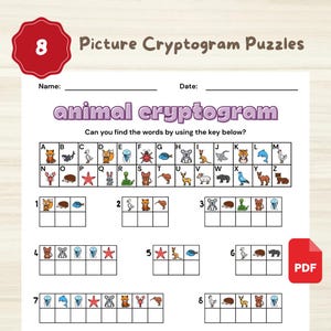 Può includere: Un foglio di puzzle di criptogrammi illustrati con il titolo "Picture Cryptogram Puzzles" e il testo "animal cryptogram". Il puzzle presenta illustrazioni di animali e una chiave per risolvere gli enigmi di parole. Un cerchio rosso con il numero 8 è in alto a sinistra.
